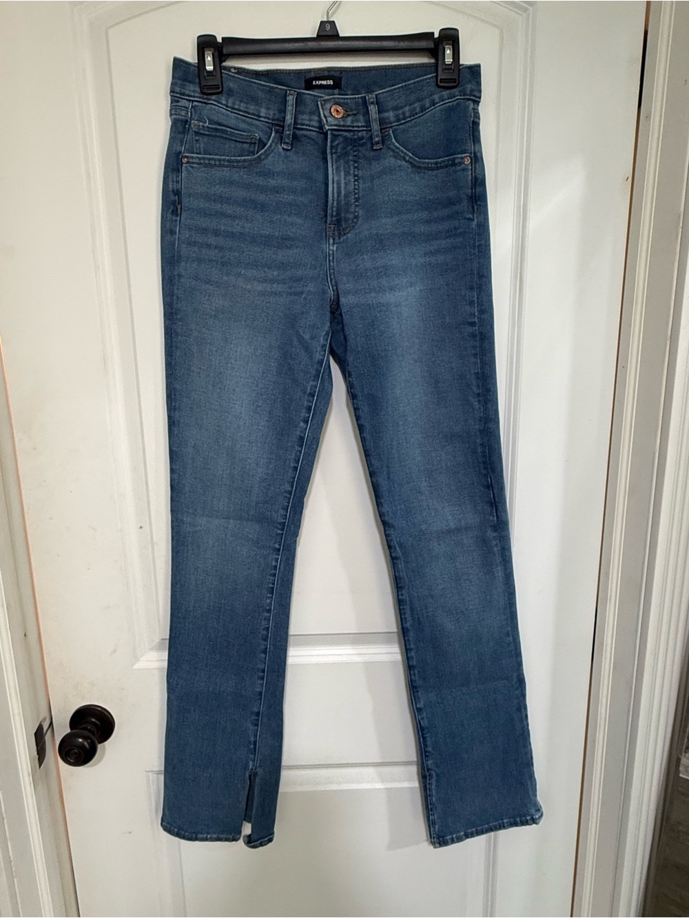 Express Skyscraper Boot Cut & Flare Split hem Jeans in Medium Blue Wash Mid Rise